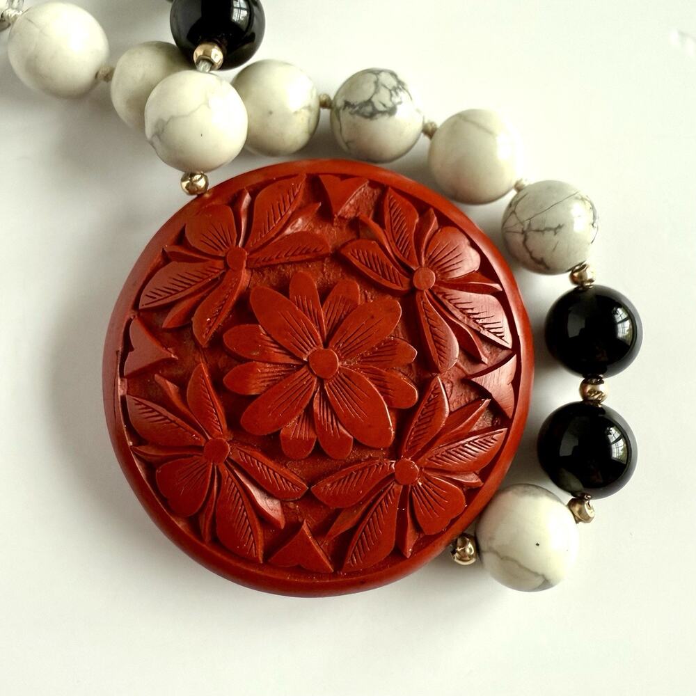 Vintage Chinese Hand-Knotted Double Carved Cinnabar Style Statement Necklace 26”